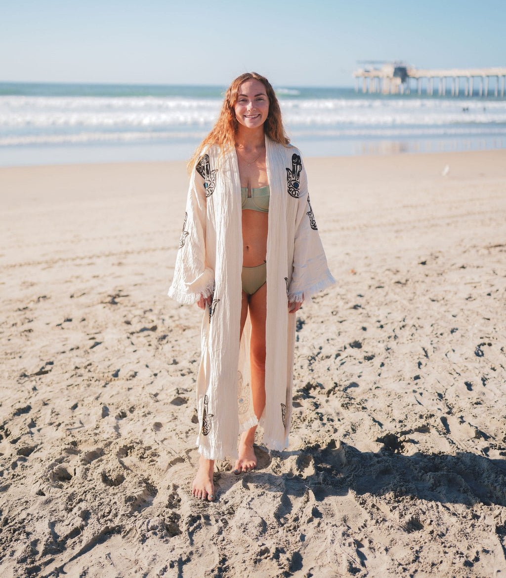Muslin Cotton Kimono Bathrobe – Hamsa Hand Print | 100% Turkish Cotton Muslin Unisex Robe (One Size)