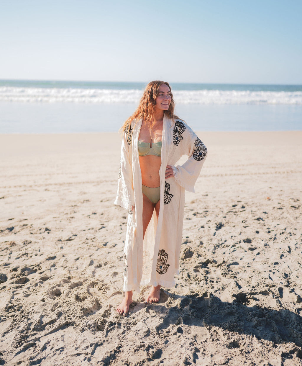 Muslin Cotton Kimono Bathrobe – Hamsa Hand Print | 100% Turkish Cotton Muslin Unisex Robe (One Size)