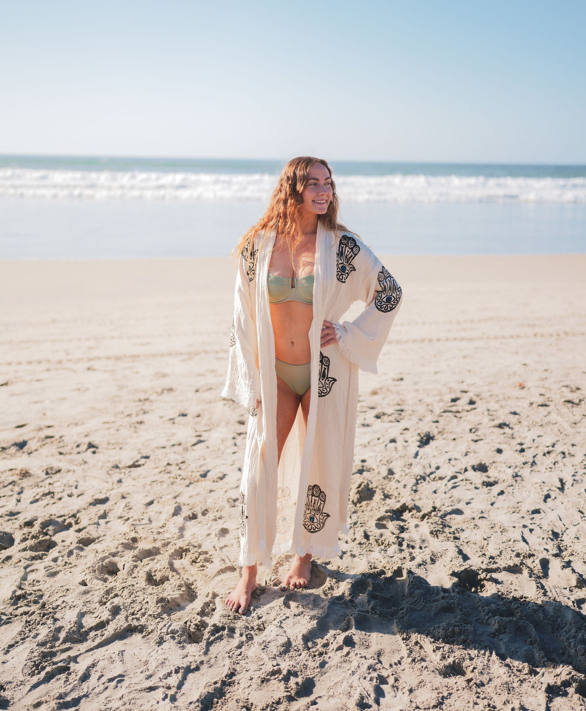 Muslin Cotton Kimono Bathrobe – Hamsa Hand Print | 100% Turkish Cotton Muslin Unisex Robe (One Size)