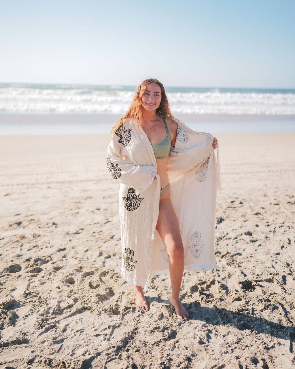 Muslin Cotton Kimono Bathrobe – Hamsa Hand Print | 100% Turkish Cotton Muslin Unisex Robe (One Size)