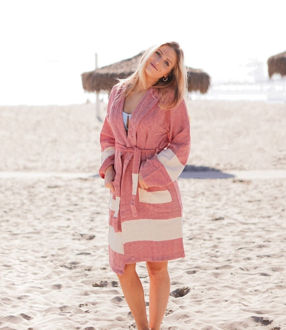 Venice Turkish Towel Bathrobe – 100% Turkish Cotton Unisex Kimono Robe with Deep Pockets & Belt (S/M, L/XL)